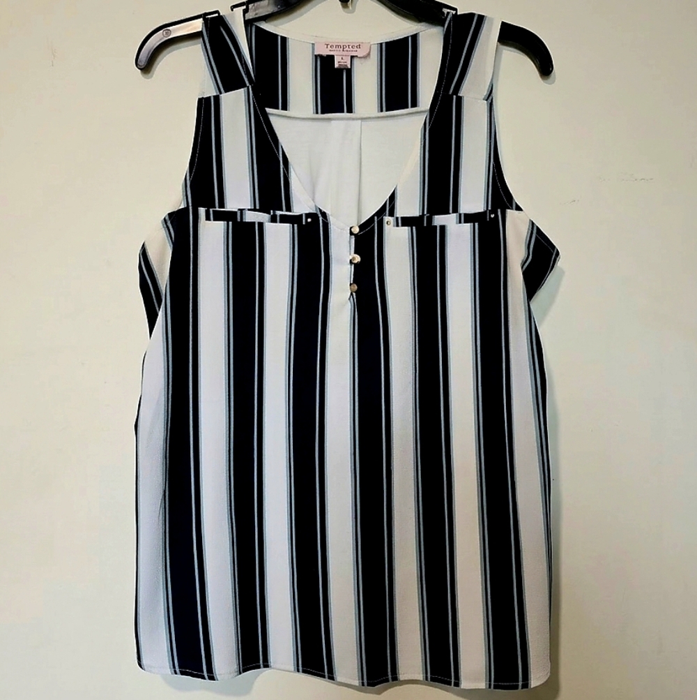 Tempted Los Angeles Striped Sleeveless V-Neck Blouse Navy Blue White XL